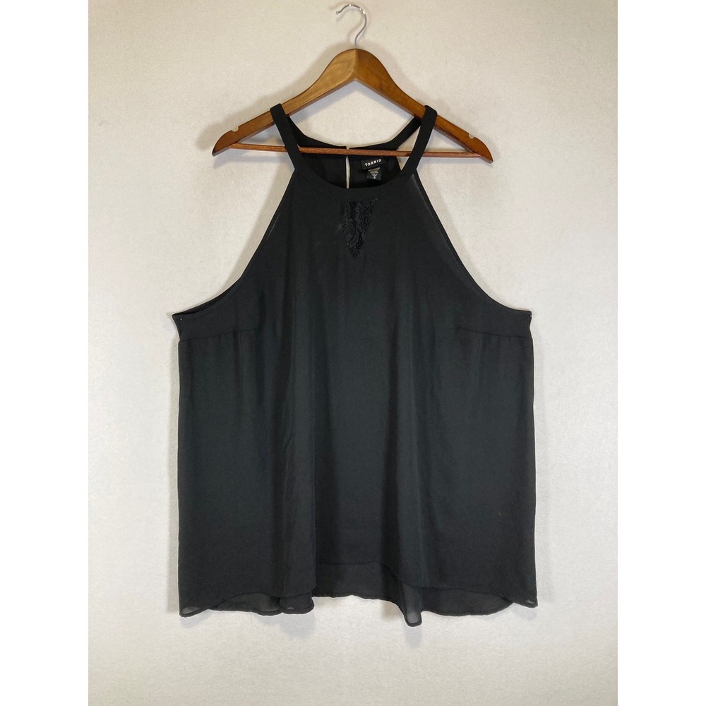 Chic Romantic Torrid Womens 3 Black‎ Lace Inset Halter Keyhole Chiffon Blouse